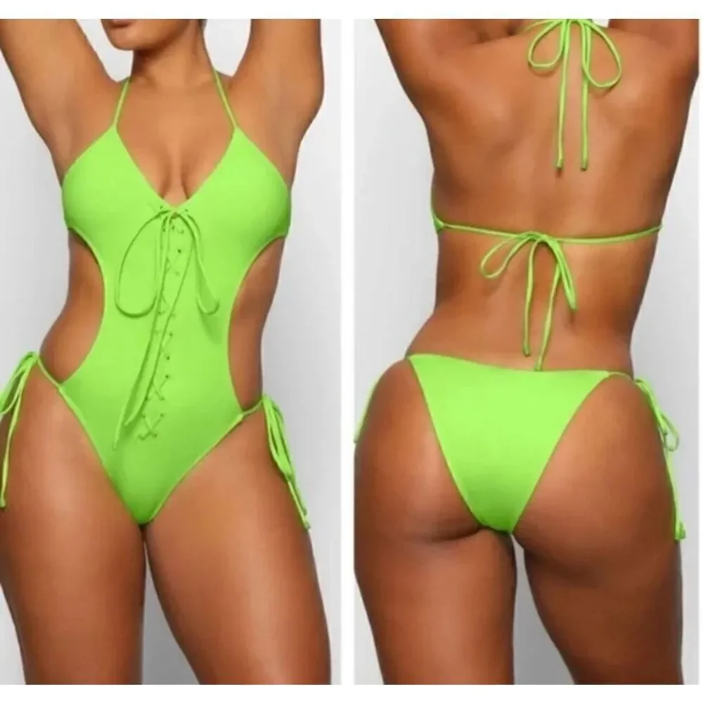 SKIMS Swim Lace Up Monokini Neon Green Sz L